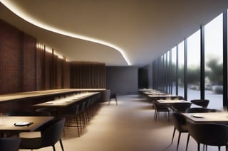 Visualiza un restaurante amplio y luminoso en el estilo James Gurney. El espacio es moderno y minimalista, con mesas y sillas de diseño elegante y sofisticado. La barra de vinos es un destacado, situada en un lugar prominente, y los amplios ventanales permiten que la luz natural inunde el espacio. La escena es tranquila y serena, con una presentación meticulosa de los platos en las mesas. La iluminación es una combinación de luz natural y artificial, que juega con las sombras y destaca los detalles del interior. Imagina que las luces cálidas y suaves colgando sobre las mesas complementan la luz natural que entra a través de los ventanales, creando un ambiente acogedor y refinado. --ar 3:2, --v3 