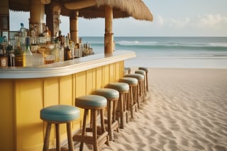 An amazingly detailed up close beach bar. Taken with a Hasselblad medium format camera with a 100mm lens. Unmistakable for a photograph. Cinematic lighting. Photographed by Tim Walker, trending at 500px niji 5