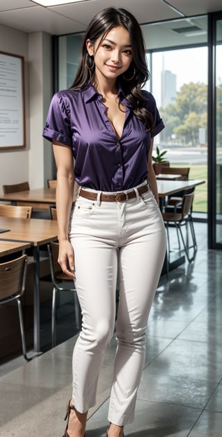 Beautiful woman, cute face, Brown eyes, black hair, long hair, parted lips, lite smile, fair skin, bright smile, breast size H-cup, Cleavage, waist 24 inch, hip 42 inch, wearing corporate shirt,Purple shirt, satin silk shirt, tight fit, tucked in shirt, rolled up sleeves, 3/4 rolled up, wearing corporate pants, white pants, office background, full body view, 