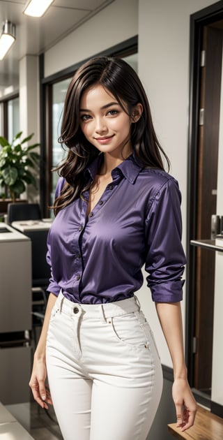 Beautiful woman, cute face, Brown eyes, black hair, long hair, parted lips, lite smile, fair skin, bright smile, breast size H-cup, Cleavage, waist 24 inch, hip 42 inch, wearing corporate shirt,Purple shirt, satin silk shirt, tight fit, tucked in shirt, rolled up sleeves, 3/4 rolled up, wearing corporate pants, white pants, office background, full body view, 