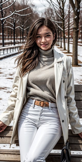 beautiful woman, ((Tall woman:1.2)), Cute face, Shy expression, Bright smile, Light brown eyes, (Brown hair), ((Long Hair)). (Huge Breats:1.2), ((huge glutes)), Thin waist, ((wearing white turtle neck with white long coat)), (((Wearing white leather pants))), sitting on a park bench, ((with a black purse)), snowy weather_1.3, Half body view, looking at the camera.