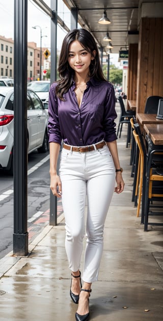 Beautiful woman, cute face, Brown eyes, black hair, long hair, parted lips, lite smile, fair skin, bright smile, breast size H-cup, Cleavage, waist 24 inch, hip 42 inch, wearing corporate shirt,Purple shirt, satin silk shirt, tight fit, tucked in shirt, rolled up sleeves, 3/4 rolled up, wearing corporate pants, white pants, office background, full body view, 