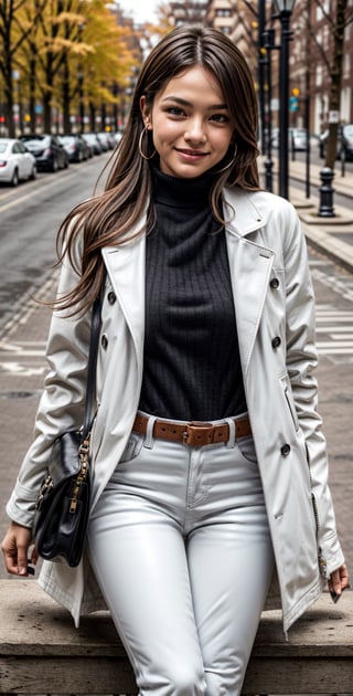 beautiful woman, ((Tall woman:1.2)),Sharp sexy face, Shy expression, Bright smile, Light brown eyes, (Brown hair), ((Long Hair)). (Huge Breats:1.2), ((huge glutes)), Thin waist, ((wearing white turtle neck with white leather long coat)), (((Wearing white leather pants))), sitting on a park bench, ((with a black purse)), snowy weather_1.3, Half body view, looking at the camera.