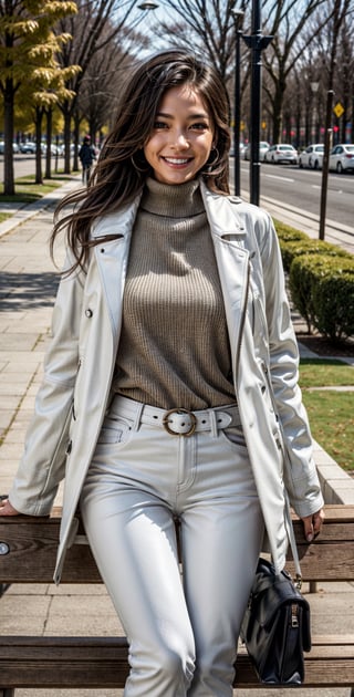 beautiful woman, ((Tall woman:1.2)),Sharp sexy face, Shy expression, Bright smile, Light brown eyes, (Brown hair), ((Long Hair)). (Huge Breats:1.2), ((huge glutes)), Thin waist, ((wearing white turtle neck with white leather long coat)), (((Wearing white leather pants))), sitting on a park bench, ((with a black purse)), snowy weather_1.3, Half body view, looking at the camera.