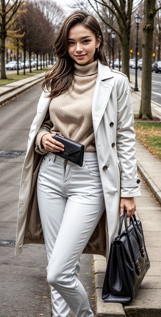 beautiful woman, ((Tall woman:1.2)), Cute face, Shy expression, Bright smile, Light brown eyes, (Brown hair), ((Long Hair)). (Huge Breats:1.2), ((huge glutes)), Thin waist, ((wearing white turtle neck with white leather long coat)), (((Wearing white leather pants))), sitting on a park bench, ((with a black purse)), snowy weather_1.3, Half body view, looking at the camera.