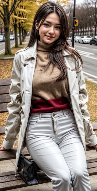 beautiful woman, ((Tall woman:1.2)),Sharp sexy face, Shy expression, Bright smile, Light brown eyes, (Brown hair), ((Long Hair)). (Huge Breats:1.2), ((huge glutes)), Thin waist, ((wearing white turtle neck with white leather long coat)), (((Wearing white leather pants))), sitting on a park bench, ((with a black purse)), snowy weather_1.3, Half body view, looking at the camera.