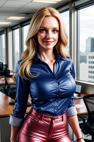 Beautiful woman, Cute face, bright skin, bright smile, blue eyes, sharp jawline, Big eyes, perfect eyes, hyper realistic, Long hair, blonde Hair, Breast size H-cup, cleavage, waist 26 inch, hip 42 inch, 6 foot 5 inch tall, wearing pink satin shirt, corporate shirt, tight fit, wearing corporate pant, half body view, office background,perfecteyes,
