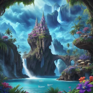  vibrant colours, {{{masterpiece}}}, {{{ultra-detailed}}}, {cinematic lighting} Photorealistic magical landscape, paradise island,, surrounded by mythical winged creatures, cascading waterfall, high-resolution image with fine details, realistic lighting,