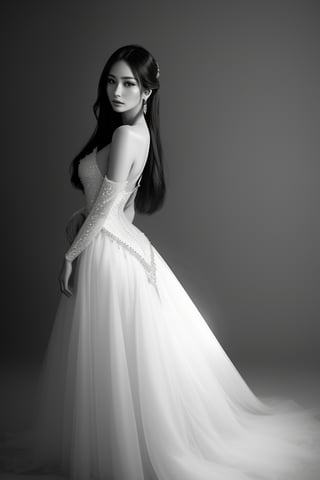  (Glamour photography:1.3) photo of an Asian woman, with long, sleek, black hair, looking dreamily into the distance, upper body framing from waist, wearing a haute couture lace embellished ball gown with soft light, (from a low angle:1.2), shot on a Lumix GH5, with a( dreamy haze filter:1.3), in the style of (David LaChapelle:1.2),anamr,m4d4m