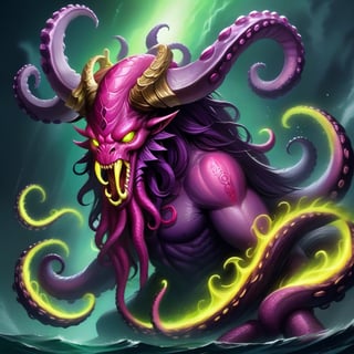 Kraken, red-purple tentacles with yellow stripes, huge purple curved demonic horns with glowing green runes, glowing green eyes, purple spikes, dark fuchsia fur, masterpiece, best quality