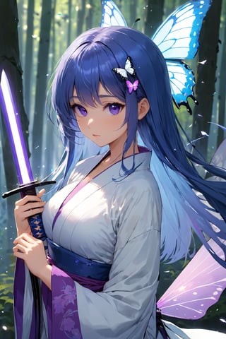 best quality, masterpiece, highres, original, extremely detailed wallpaper, dreamy atmosphere, 1girl,solo, animal, bangs, blue_butterfly, blue_eyes, (blue hair:1.2), breasts, bug, butterfly, butterfly_hair_ornament, butterfly_on_hand, butterfly_wings, closed_mouth, diffraction_spikes, eyebrows_visible_through_hair, glint, glowing, glowing_butterfly, (glowing_sword:1.1), (purple flames:1.1), glowing_weapon, holding, (holding_sword:1.2), holding_weapon, white and purple japanese_clothes, (katana:1.2), white kimono, long_hair, long_sleeves, looking_at_viewer, medium_breasts, obi, paper_crane, sash, sheath, solo, sparkle, sword, unsheathing, upper_body, very_long_hair, weapon, white_butterfly, yellow_butterfly, (dark forest background:1.2),