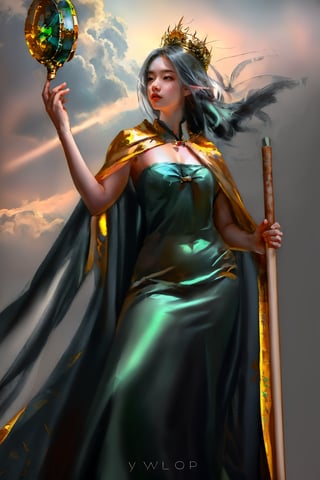 Masterpiece, best quality, (dynamic, profile, full body:1.3), ((oil painting style)), An oil painting, from the Renaissance era of a asian girl, (((korean girl))), ((holding a magic staff)), casting magic, wearing a floating red dress, (elf ears, green eyes, glowing eye) dynamic pose, majestic, crown, space_hair, fallen, (victorian buildings background), upper body, (closed mouth:1.2), looking at viewer, dynamic pose, cute expression, gray theme, cloud ,mikudef, BREAK golden hour, ((kingdom background)) ,Wlop,face, Detailedface