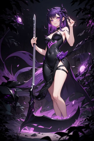 1girl, adult, purple eyes, wearing a dark purple dress, (death sickle:1.3), holding, weapon, poison fog, dark forest background, 