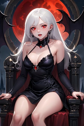 ((Masterpiece best quality highres:1.4), ((little close up, upper body)), a beautiful korean woman, vampire woman, white hair, wearing a black tight dress, ((smug face)), little fangs, seductive eyes, sitting sensually on her throne (hight detail throne, made of dark metal and blood), a big blood moon stand in the night sky, victorian castle on the background, fantasy masterpiece,