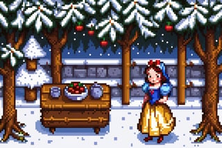 ((Masterpiece best quality highres:1.4), Within the pixelated canvas, Snow White comes to life in this heartwarming pixel art, portrayed with nostalgic simplicity as she savors a juicy apple. (Pixelated canvas, Heartwarming pixel art, Nostalgic simplicity, Savoring juicy apple) The scene is set against a wintery wonderland, capturing the timeless magic of Snow White's story. (Wintery wonderland, Timeless magic, Snow White's story) The artist's skillful use of pixel art techniques brings out the essence of Snow White's character and the delectable allure of the apple, evoking a sense of fond memories and happiness. (Skillful use of pixel art, Essence of character, Delectable allure of apple, Fond memories and happiness) Her innocent expression and twinkling eyes exude a sense of wonder and joy. (Innocent expression, Twinkling eyes, Wonder and joy) The artwork draws inspiration from the classic tale of Snow White, capturing a moment of enchantment and charm in pixel form. (Inspired by classic tale, Moment of enchantment and charm, Pixel form) The final piece stands as a heartwarming homage to the beloved character, forever preserved in the whimsy of pixel art. (Heartwarming homage, Beloved character, Preserved in pixel art), pixel art