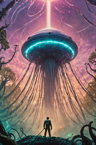 close-up, a tiny human figure holding a staff, facing a giant [eldritch monster made of trees : (eldritch colossus, UFO spaceship floating head, floating cables, scifi set:1.45) : 0.25], spaceships in sky, [ruined background | 6000], (Movie Still | movie poster), colorful