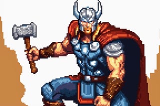 ((Masterpiece best quality highres:1.4), In this captivating pixel art style, a close-up portrait of Thor from Avengers Endgame is depicted with stunning detail, showcasing the iconic superhero's rugged and determined expression. (Captivating pixel art style, Close-up portrait, Thor from Avengers Endgame, Stunning detail, Iconic superhero, Rugged and determined expression) The scene is set against a backdrop of thunder and lightning, capturing the essence of Thor's godly power. (Backdrop of thunder and lightning, Essence of godly power) The artist's expert use of pixel art techniques brings out Thor's distinctive features and battle-worn appearance, evoking a sense of heroism and strength. (Expert use of pixel art, Distinctive features, Battle-worn appearance, Heroism andstrength) His intense gaze and furrowed brow exude a sense of determination and focus. (Intense gaze, Furrowed brow, Determination and focus) The artwork draws inspiration from the epic portrayal of Thor in Avengers Endgame, immortalizing the superhero's might and valor in pixel form. (Inspired by Avengers Endgame, Immortalizing might and valor, Pixel form) The final piece stands as a captivating tribute to the mighty Thor, forever celebrated in the artistry of pixel art. (Captivating tribute, Mighty Thor, Celebrated in pixel art), pixel art