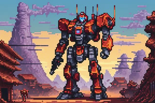 ((Masterpiece best quality highres:1.4), In this captivating pixel art, a giant Mecha stands tall amidst the chaos of war, its metallic frame reflecting the fiery explosions and battle-torn landscape. (Captivating pixel art, Giant Mecha, Chaos of war, Metallic frame, Fiery explosions, Battle-torn landscape) The scene is rendered with bold and vibrant colors, capturing the intensity and energy of the battlefield. (Bold and vibrant colors, Intensity of the battlefield) The artist's meticulous pixel work brings out the intricate details of the Mecha's design, showcasing the fusion of mechanical prowess and futuristic technology. (Meticulous pixel work, Intricate Mecha design, Mechanical prowess, Futuristic technology) Its imposing presence and powerful weaponry exude a sense of strength and dominance on thebattlefield. (Imposing presence, Powerful weaponry, Strength and dominance) The pixel art draws inspiration from classic retro games and sci-fi mech aesthetics, creating a nostalgic yet futuristic ambiance. (Inspired by retro games, Sci-fi mech aesthetics, Nostalgic and futuristic ambiance) The final piece stands as a captivating portrayal of the giant Mecha, forever etched in the pixels of the artwork. (Captivating portrayal, Giant Mecha, Pixels of the artwork)