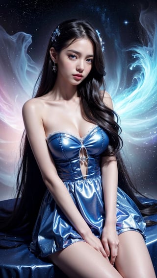 4K Ultra HD, Masterpiece, A girl with a magical aura, Good face, Long hair, shinny hair, Detailed eyes, Glossy lips, blue Lolita costume, The aura around the body, Magical effect, Spread white light, Cosmic elements and ethereal atmosphere, A mix of bright lights and colorful nebulae, universe background, Perfect body, sitting,