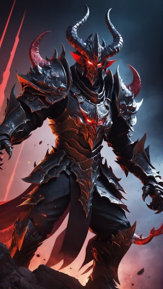 (masterpiece, top quality, best quality, official art, beautiful and aesthetic), 1boy, male, fully armored, masked, blood magic, draconic armor, red and black color scheme, glowing eyes, red demonic horns, demon god, demon king, red eyes, epic, demonic halo, (dynamic angle), abyssal, splash art, highest definition, dark background, gradient background