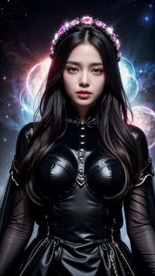 4K Ultra HD, Masterpiece, A girl with a magical aura, (good face:1.2), very Long hair, Detailed eyes, Glossy lips, Lolita costume, (black costume:1.5), The aura around the body, Magical effect, Spread white light, Cosmic elements and ethereal atmosphere, A mix of bright lights and colorful nebulae, universe background, Perfect body,