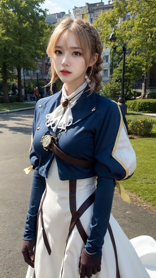 masterpiece, best quality, highres, violet evergarden, braid, hair ribbon, red ribbon, jewelry, white ascot, brooch, blue jacket, long sleeves, brown gloves, white dress, long dress, , standing, cowboy shot, outdoors