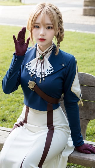 masterpiece, best quality, highres, violet evergarden, braid, hair ribbon, red ribbon, jewelry, white ascot, brooch, blue jacket, long sleeves, brown gloves, white dress, long dress, sitting, (waving:1.1), bench, outdoors