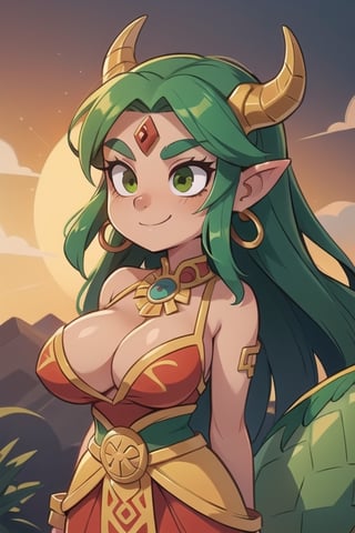 1 woman powerful Aztec dragon goddess of the sun, quetzalcoatl, red clothes with green details, green hair, golden eyes, long hair, loose hair, straight hair, golden horns, dragon tail, hapy face, big tits, big but