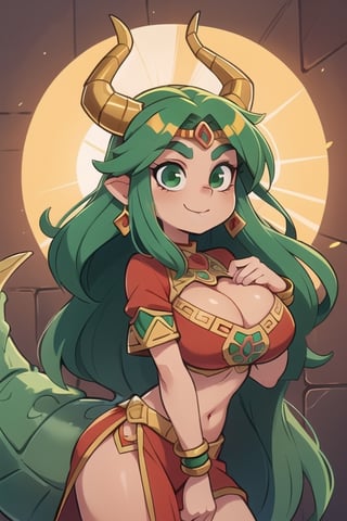 1 woman powerful Aztec dragon goddess of the sun, quetzalcoatl, red clothes with green details, green hair, golden eyes, long hair, loose hair, straight hair, golden horns, dragon tail, hapy face, big chest