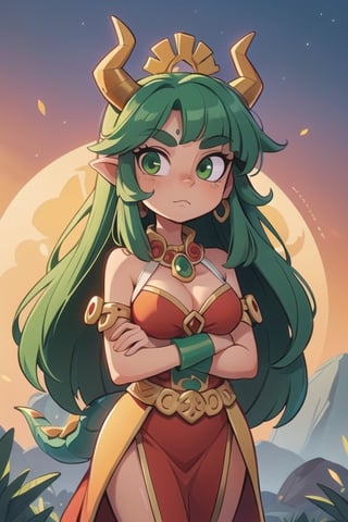 1 woman powerful Aztec dragon goddess of the sun, quetzalcoatl, red clothes with green details, green hair, golden eyes, long hair, loose hair, straight hair, golden horns, dragon tail, hapy face, big chest