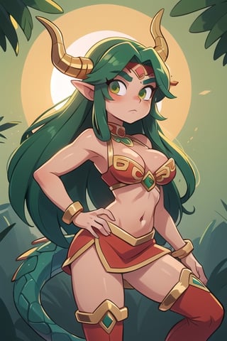 1 sexy powerful Aztec dragon goddess of the sun, quetzalcoatl, red clothes with green details, green hair, golden eyes, long hair, loose hair, straight hair, golden horns, 
dragon tail