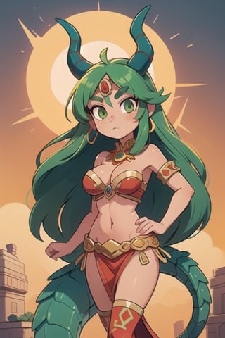 1 sexy powerful Aztec dragon goddess of the sun, Quetzalcoathl, red clothes with green details, green hair, golden eyes, long hair, loose hair, straight hair, golden horns, 
dragon tail