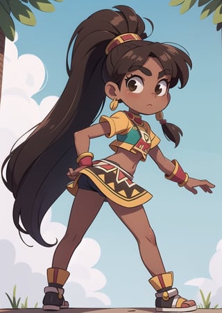 2.5D, an aztec girl, perfect body, full body, black skin,
long hair, ponytail, brown hair
 

