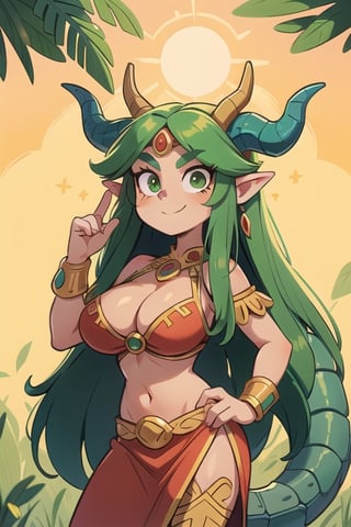 1 woman powerful Aztec dragon goddess of the sun, quetzalcoatl, red clothes with green details, green hair, golden eyes, long hair, loose hair, straight hair, golden horns, dragon tail, hapy face, big tits, big but