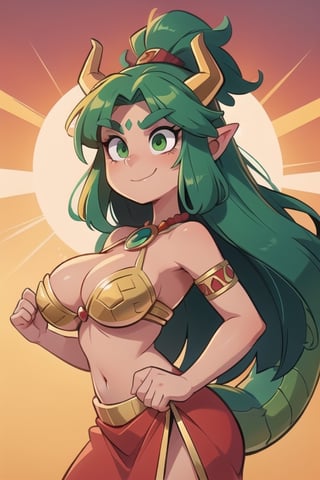 1 woman powerful Aztec dragon goddess of the sun, quetzalcoatl, red clothes with green details, green hair, golden eyes, long hair, loose hair, straight hair, golden horns, dragon tail, hapy face, big tits, big but