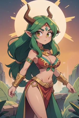 1 sexy powerful Aztec dragon goddess of the sun, Quetzalcoathl, red clothes with green details, green hair, golden eyes, long hair, loose hair, straight hair, golden horns, 
dragon tail