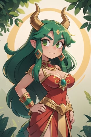 1 woman powerful Aztec dragon goddess of the sun, quetzalcoatl, red clothes with green details, green hair, golden eyes, long hair, loose hair, straight hair, golden horns, dragon tail, hapy face, big chest