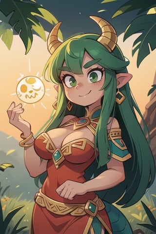 1 woman powerful Aztec dragon goddess of the sun, quetzalcoatl, red clothes with green details, green hair, golden eyes, long hair, loose hair, straight hair, golden horns, dragon tail, hapy face, big chest