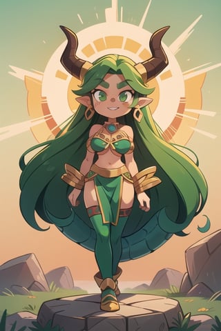 1 woman powerful Aztec dragon goddess of the sun, quetzalcoatl, red clothes with green details, green hair, golden eyes, long hair, loose hair, straight hair, golden horns, dragon tail, hapy face, big chest