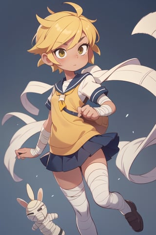 2.5D, beautiful short mummy girl, short yellow hair, covered in bandages, wearing school uniform