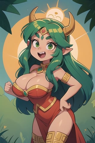 1 excited woman powerful Aztec dragon goddess of the sun, quetzalcoatl, red clothes with green details, green hair, golden eyes, long hair, loose hair, straight hair, golden horns, dragon tail, hapy face, big tits, big but