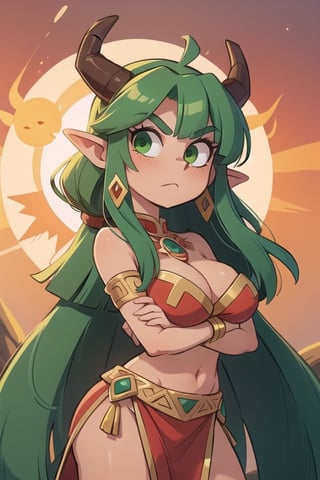 1 woman powerful Aztec dragon goddess of the sun, quetzalcoatl, red clothes with green details, green hair, golden eyes, long hair, loose hair, straight hair, golden horns, dragon tail, hapy face, big chest