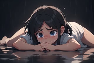 2.5d, a beautiful girl lying face down on the floor crying, (black skin color), sad, crying, tears in her eyes, black hair, rainy background
