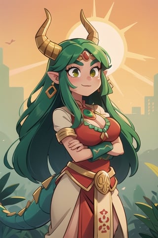 1 woman powerful Aztec dragon goddess of the sun, quetzalcoatl, red clothes with green details, green hair, golden eyes, long hair, loose hair, straight hair, golden horns, dragon tail, hapy face