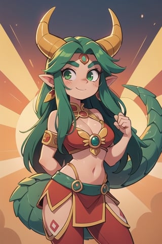 1 woman powerful Aztec dragon goddess of the sun, quetzalcoatl, red clothes with green details, green hair, golden eyes, long hair, loose hair, straight hair, golden horns, dragon tail, hapy face, big chest