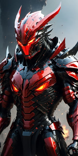 an angry and deadly alien creature wearing Hi-Tech mechanical cybernetic robotic armor:

"Generate an image of a fearsome and enraged alien creature, its demeanor oozing with lethal intent. The creature is adorned in a menacing Hi-Tech mechanical cybernetic robotic armor, a formidable suit of black and red. This armor is designed for maximum destruction, with sharp edges and dangerous protrusions that reflect its deadly nature.

The creature's eyes burn with an intense, glowing red, further emphasizing its malevolent disposition. These fiery eyes pierce through the darkness, radiating an aura of danger and imminent threat.

The Hi-Tech muscular armor tightly envelops the creature's formidable physique, enhancing its already formidable strength. Every detail of the armor exudes danger, from the intricate machinery to the deadly weaponry integrated into its design.

Set this formidable creature against the perfect background that complements its deadly aura. Whether it's a post-apocalyptic wasteland, a futuristic battleground, or a nightmarish alien world, the background should accentuate the creature's menacing presence.

This image should be a visual masterpiece that captures the alien creature's anger and lethality, with an attention to detail that showcases the Hi-Tech aspects of its armor and the dangerous atmosphere of its surroundings."