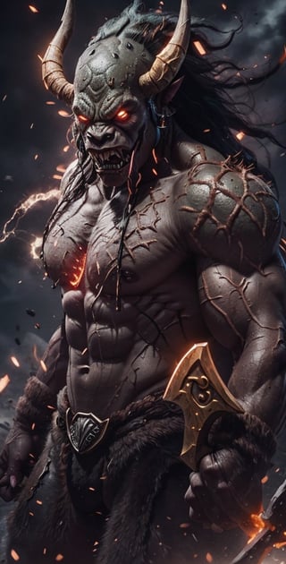 org muscle body full skin green and org red hair , two teeth long , hand hold axe and fight with monster warcraft ,
Killer Croc
,(EnergyVeins:1.4)