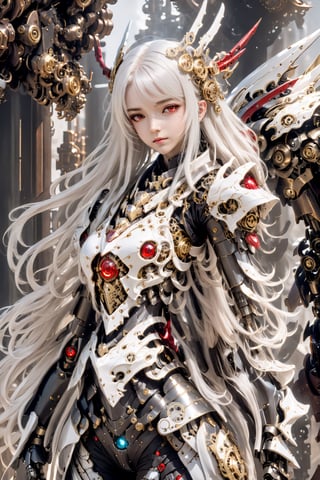 front_view, (1girl, looking at viewer), white long hair, black metalic mechanical_armor, dynamic pose, delicate white filigree, intricate filigree, red metalic parts, intricate armor, detailed part,steampunk style,mecha,4nime style