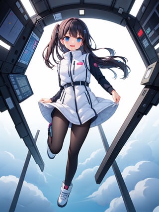 masterpiece, highest quality, High resolution, 2 girls,( Medium shot):2,(floating girl):4, (Big jump):5, flight, fun, smile, shout, (fall):8,  dynamic angle,BREAK white downvest,Wind,Wind,Wind,BREAK,black belt,black stocking,black tights,black long sleeve BREAK inside futuristic space station,Scifi space ship control room BREAK Astrovest,tnf_jacket,bing_astronaut,astrovest