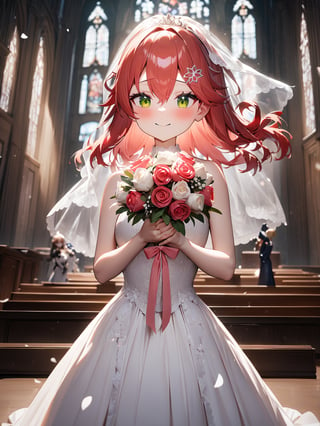 (((highest quality))),((Super detailed)),1girl,sakura miko,hololive,((figure)),((Disheveled Hair)),((Frills)),(1 girl),(alone),masterpiece, highest quality, High resolution, Hmm 1, One girl, Hair Ribbon, short hair, wedding style dress, wedding style_Veil, bouquet, church, Cowboy Shot,